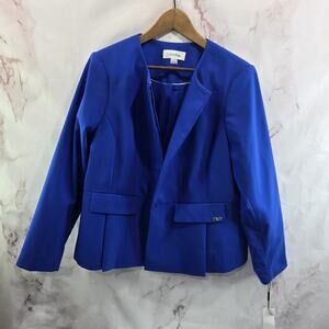 Calvin Klein Blazer Womens 14W Cobalt Royal Blue Stretch Hidden Placket Pleated